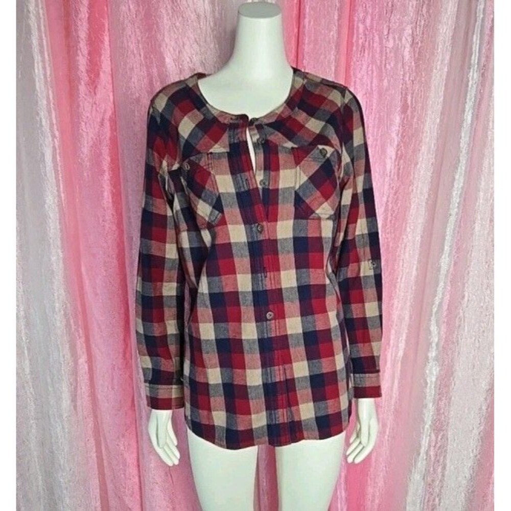 Duluth Trading Red Blue Plaid Free Swingin' Flannel Cotton Tunic Top Size Medium